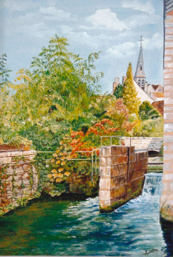 Huile sur toile de J. Sutter. Huile sur toile représentant l'ancien moulin à tan.